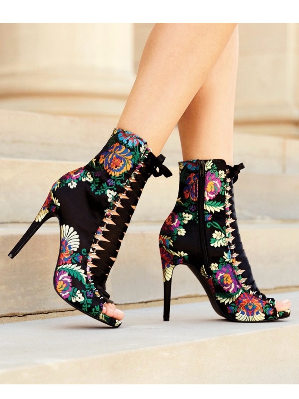 Steve Madden Black Floral Lace-Up Open-Toe Stiletto Booties